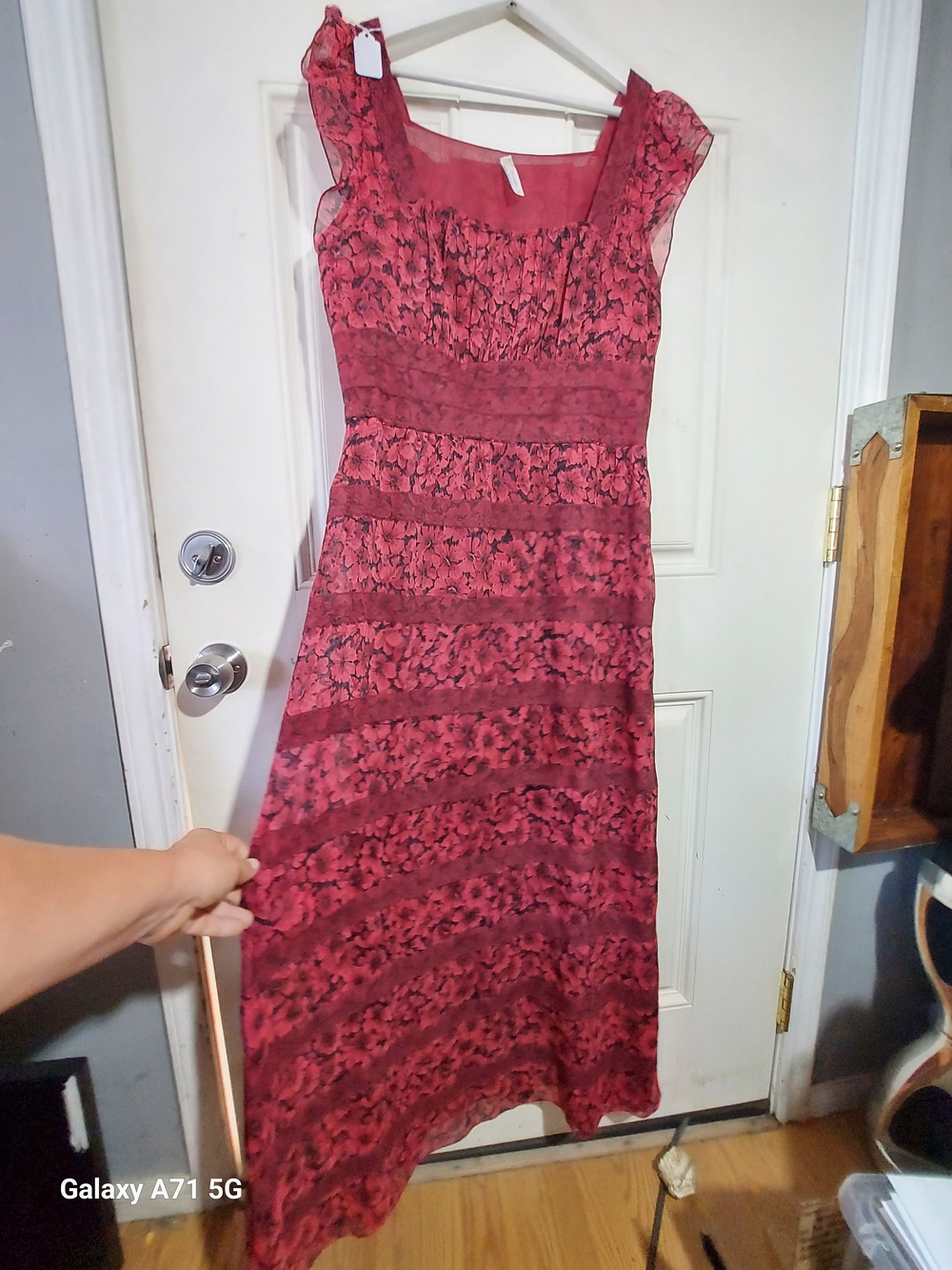 Free People Whimsigoth Floral Lace Tiered Maxi Dress Red Black Goth Boho Sz 12
